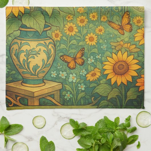 Zonnebloem Tuin Vlinders Art Nouveau Theedoek (Gevouwen)