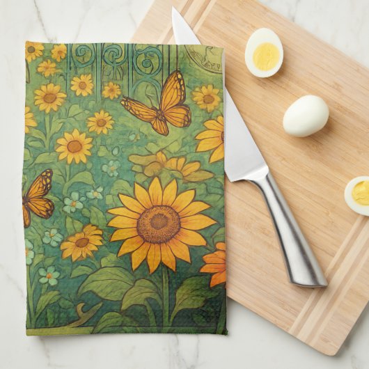 Zonnebloem Tuin Vlinders Art Nouveau Theedoek (Quarter Fold)