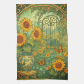 Zonnebloem Tuin Vlinders Art Nouveau Theedoek (Verticaal)