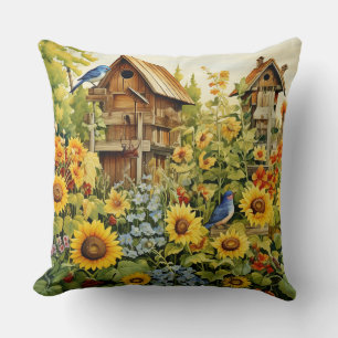Zonnebloem Tuin Vogelhuisjes Blauwe Vogels Kussen