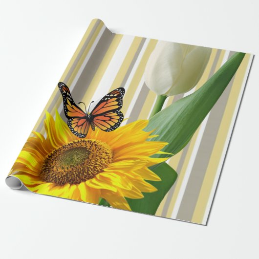 Zonnebloem Tulp Butterfly Stripe Wrapping Paper Cadeaupapier (Uitgerold)