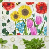Zonnebloem, Tulp & Klaproos Bloementuin Theedoek (Gevouwen)
