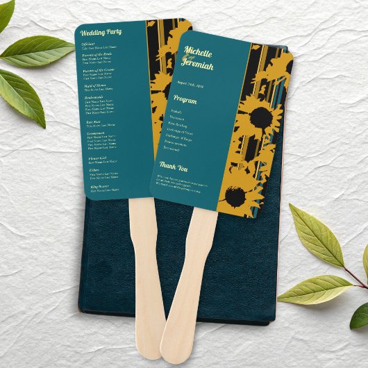 Zonnebloem Turquoise Goud Modern Trouwprogramma Handwaaier