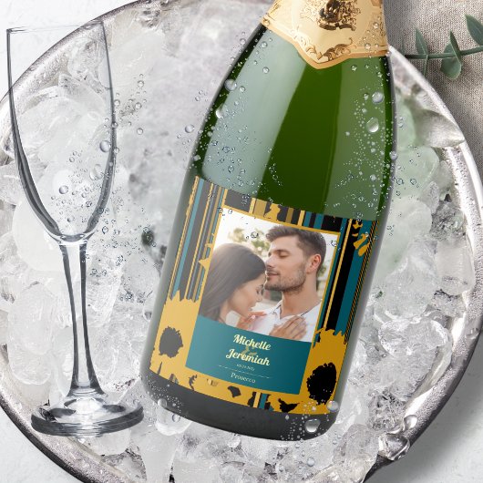 Zonnebloem Turquoise Goud Moderne Trouwdag Sparkling Wijnetiket