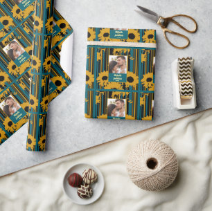 Zonnebloem Turquoise Goud Moderne Trouwfoto Cadeaupapier