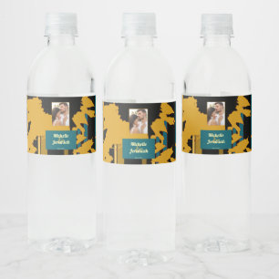 Zonnebloem Turquoise Goud Moderne Trouwfoto Waterfles Etiket