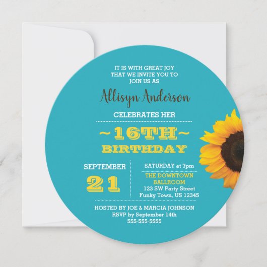 Zonnebloem Turquoise Rond Zoet 16 Uitnodiging (Voorkant)