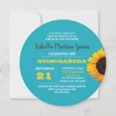 Zonnebloem turquoise ronde Quinceañera uitnodiging (Voorkant)