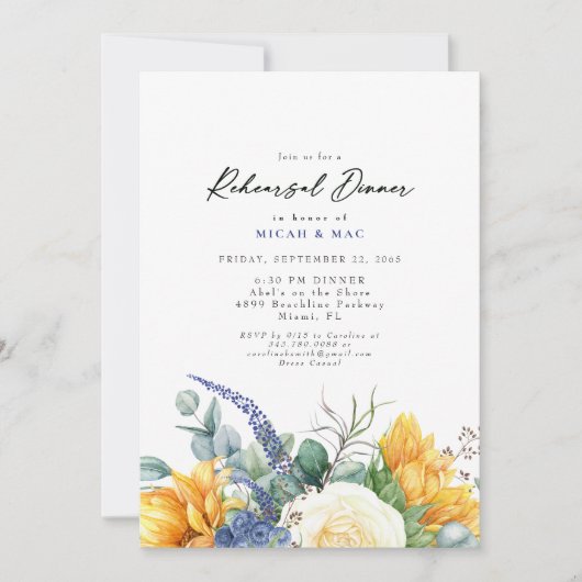 Zonnebloem Tuscan Blue Rehearsal Dinner Kaart (Voorkant)