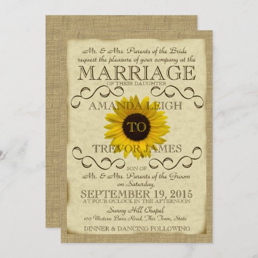 Zonnebloem  Typografie Huwelijk Kaart (Voorkant / Achterkant)