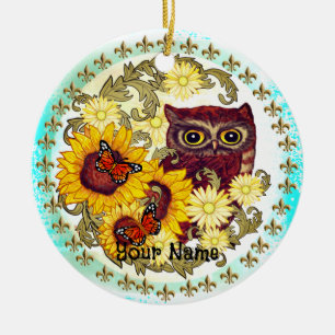 Zonnebloem Uil   Keramisch Ornament