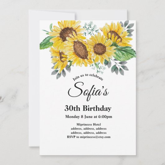 zonnebloem , uitnodiging voor bloemen - verjaardag (Voorkant)