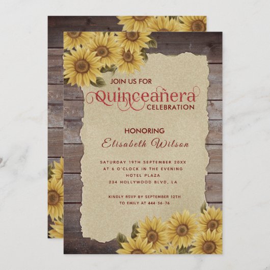  zonnebloem van houtschilfers, Quinceañera Kaart (Voorkant / Achterkant)