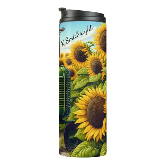 Zonnebloem veld groene tractor zomer thermosbeker (Geroteerd rechts)