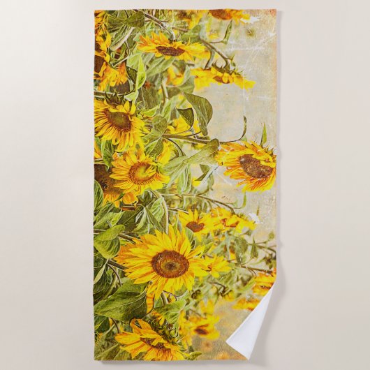 Zonnebloem Veldgele Groene Rustige Vintage Strandlaken (Voorkant)
