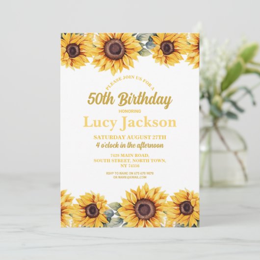 Zonnebloem Verjaardag 50e Bloemen Witte Vrouwen Kaart (Staand voorkant)