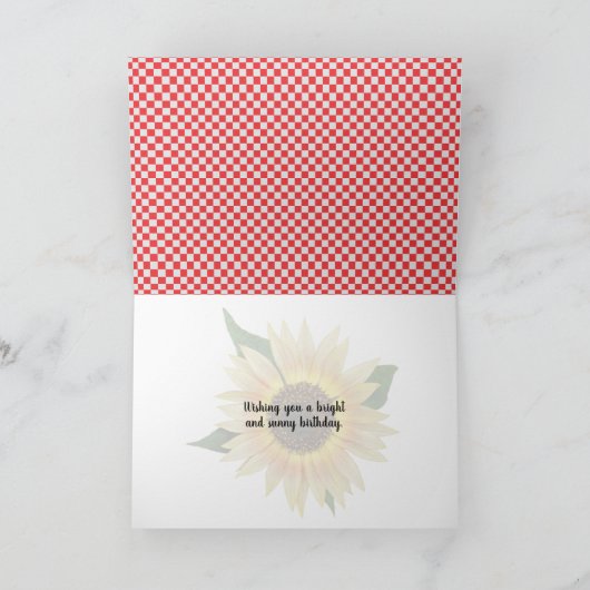 zonnebloem - verjaardag op rode en witte gingham kaart (Binnen)