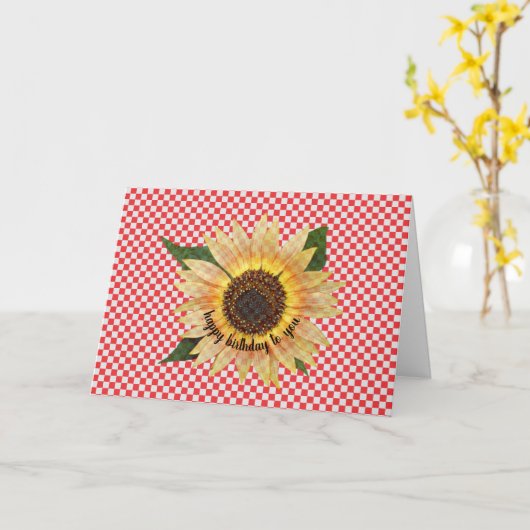 zonnebloem - verjaardag op rode en witte gingham kaart (Gele Bloem)
