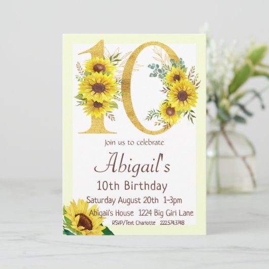 Zonnebloem Verjaardag Uitnodiging, 10e Verjaardag Kaart (Staand voorkant)