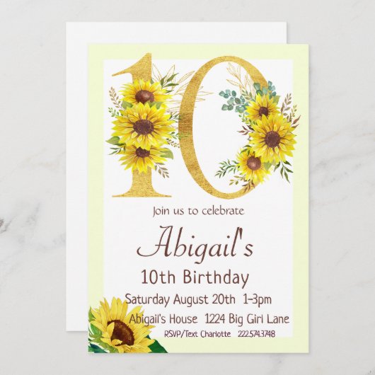 Zonnebloem Verjaardag Uitnodiging, 10e Verjaardag Kaart (Voorkant / Achterkant)