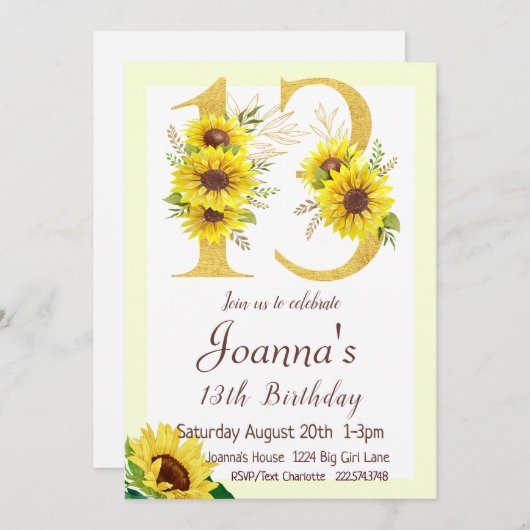 Zonnebloem Verjaardag Uitnodiging, 13e Verjaardag Kaart (Voorkant / Achterkant)
