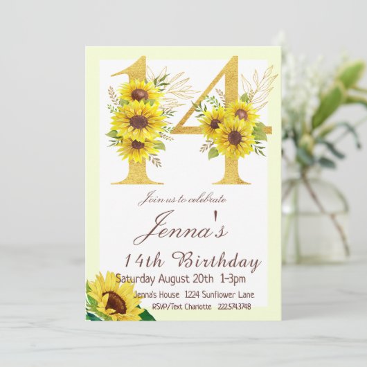 Zonnebloem Verjaardag Uitnodiging, 14e Verjaardag Kaart (Staand voorkant)