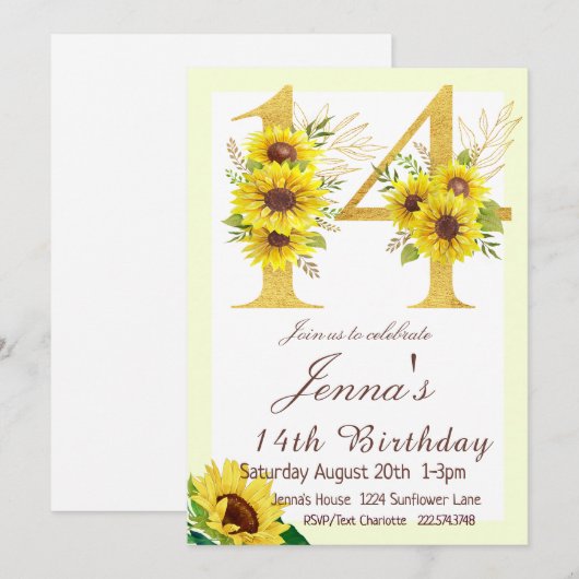 Zonnebloem Verjaardag Uitnodiging, 14e Verjaardag Kaart (Voorkant / Achterkant)