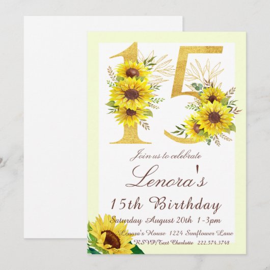 Zonnebloem Verjaardag Uitnodiging, 15e Verjaardag Kaart (Voorkant / Achterkant)