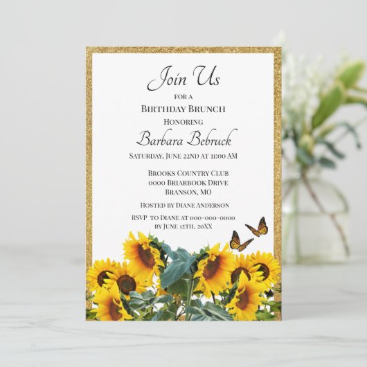 Zonnebloem Verjaardags Brunch Goud Glitter Kaart (Staand voorkant)