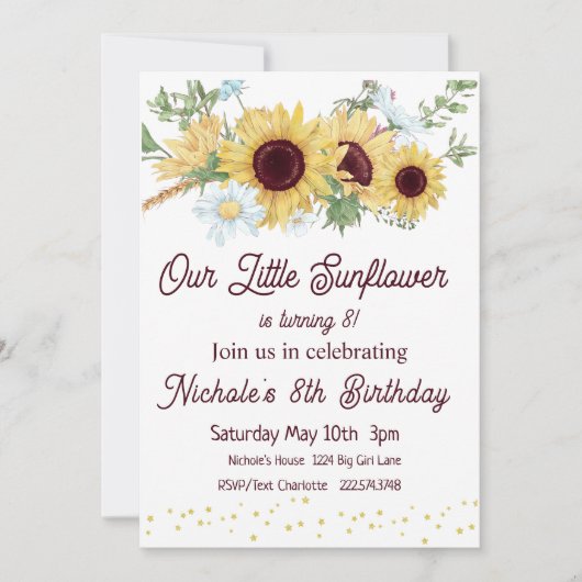 Zonnebloem verjaardagsuitnodiging, 8e verjaardag kaart (Voorkant)
