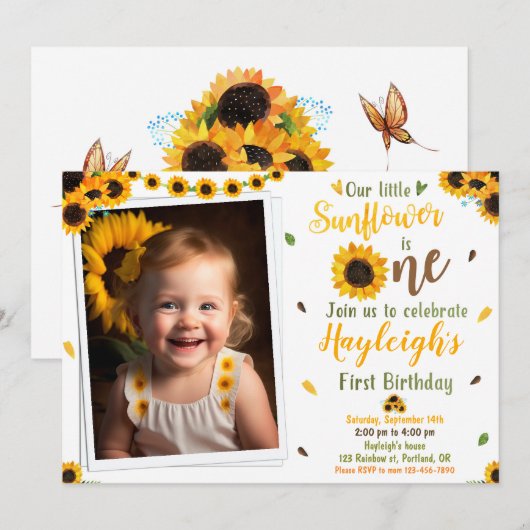 Zonnebloem verjaardagsuitnodiging Foto Eerste verj Kaart (Voorkant / Achterkant)