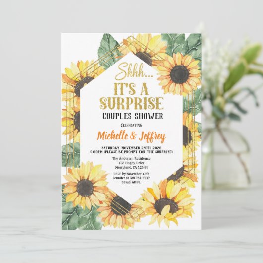 Zonnebloem verrassingsfeest koppel bruidsfeest kaart (Staand voorkant)