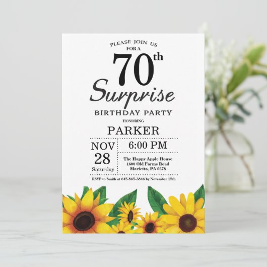 Zonnebloem Verrassingsuitnodiging 70e verjaardag Kaart (Staand voorkant)