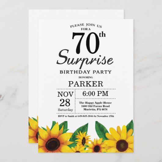 Zonnebloem Verrassingsuitnodiging 70e verjaardag Kaart (Voorkant / Achterkant)