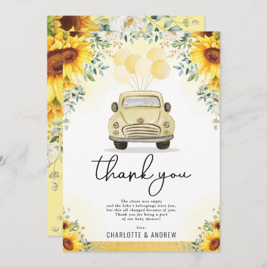 Zonnebloem, vers, met quarantaine-Baby shower Bedankkaart (Voorkant / Achterkant)