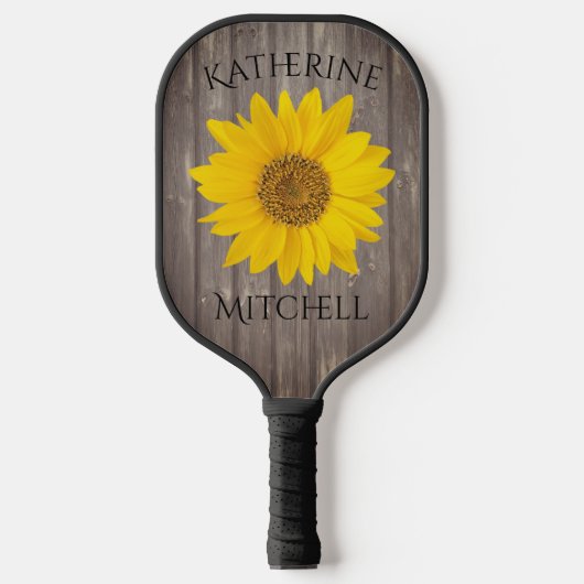 Zonnebloem versleten grijs hout naam pickleball paddle (Voorkant)