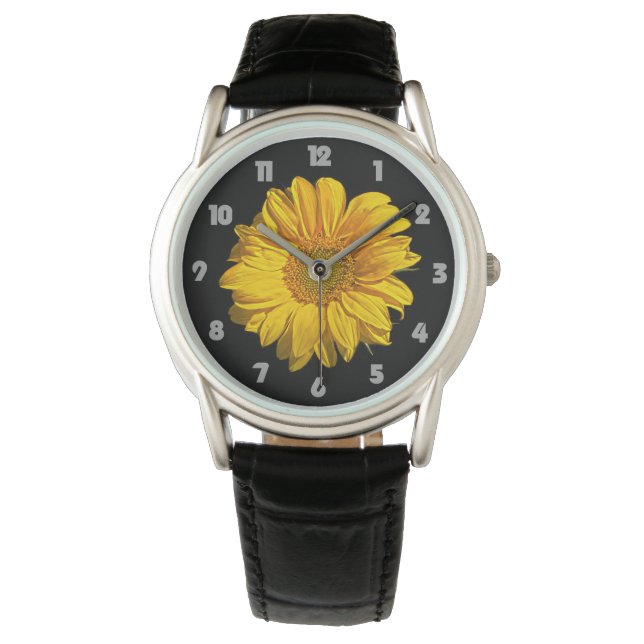 Zonnebloem Vet Grijs Getallen Wam Horloge (Voorkant)