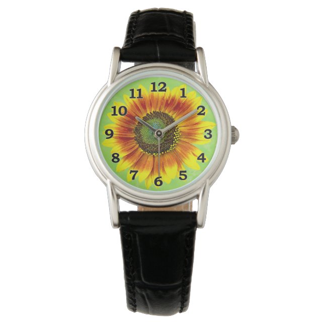 Zonnebloem Vette Floral Geel en Groene Bloem Horloge (Voorkant)