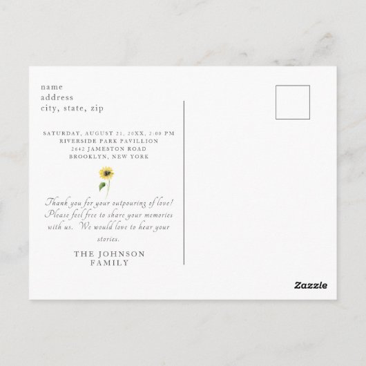 Zonnebloem viering van het leven na verlies verzam briefkaart (Achterkant)