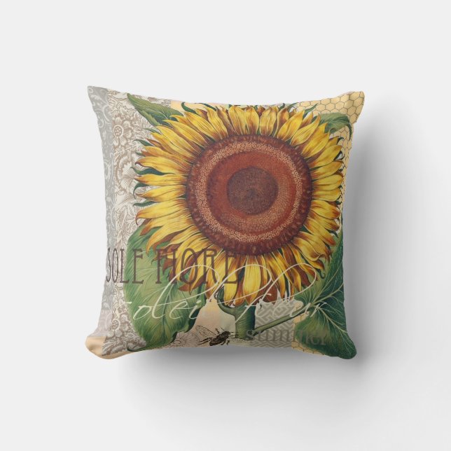 Zonnebloem Vintage Damask Flower Art Kussen (Voorkant)
