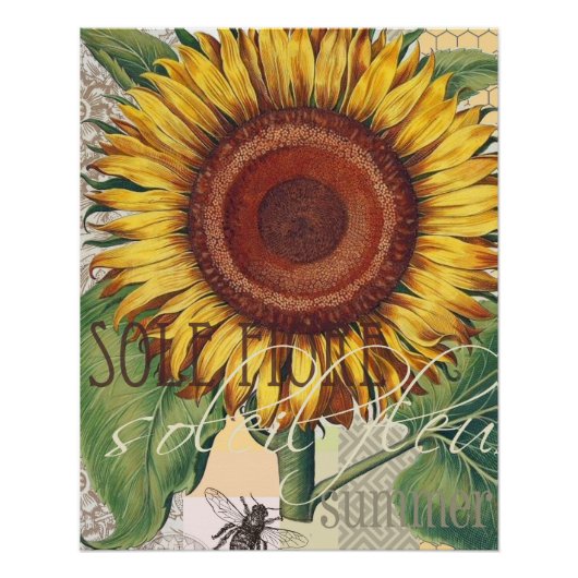 Zonnebloem Vintage Damast Bloem Kunst Poster (Voorkant)