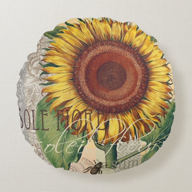 Zonnebloem Vintage Damast Bloem Kunst Rond Kussen (Voorkant)