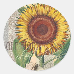 Zonnebloem Vintage Damast Bloem Kunst Ronde Sticker