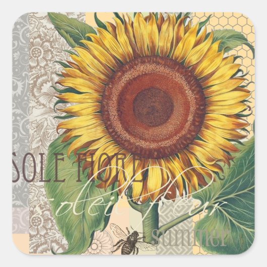 Zonnebloem Vintage Damast Bloem Kunst Vierkante Sticker (Voorkant)
