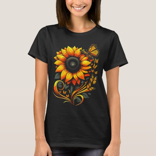 Zonnebloem Vlinder Bloem Natuur Kunst T-shirt (Voorkant)