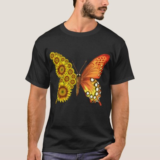 Zonnebloem vlinder bloemige vintage t-shirt (Voorkant)