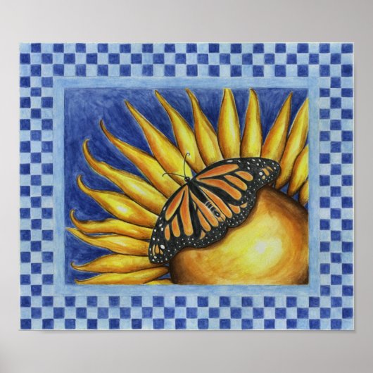 Zonnebloem Vlinder Folk Art Poster Print (Voorkant)