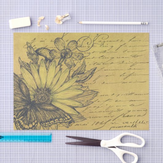 zonnebloem, vlinder, Frans Script Gold Tissuepapier (Craft)