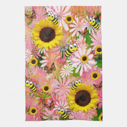 Zonnebloem Vlinder Hommeltje Keukenhanddoek (Verticaal)