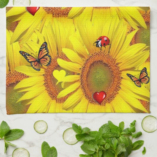 Zonnebloem vlinder lieveheersbeestje keukenhanddoe theedoek (Gevouwen)